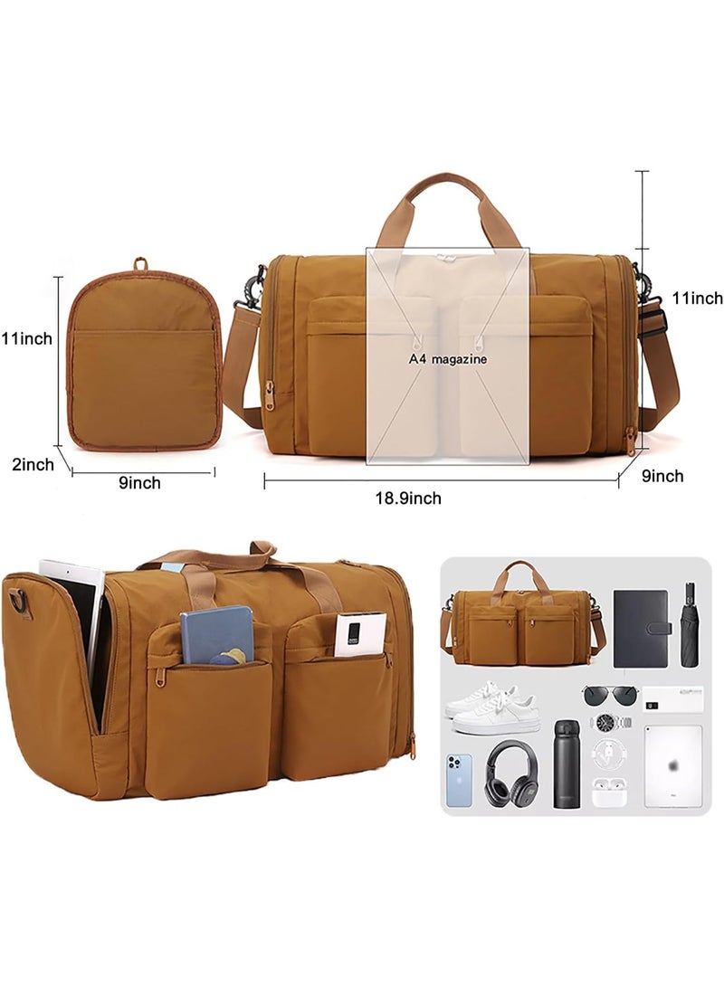 Bukela Foldable Travel Duffel Bag Collapsible Gym Duffle Bag with Shoe Compartment Wet Pocket Trolley Sleeve Carry On Duffel Bag for Men Women (Brown) - Image 2